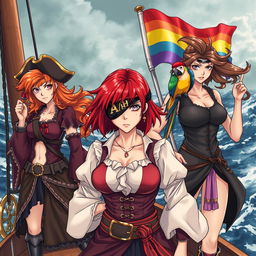 Three fierce and angry female pirates standing resolutely on the deck of a ship at sea, fully dressed in elaborate pirate attire that reflects their bold personalities