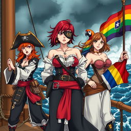 Three fierce and angry female pirates standing resolutely on the deck of a ship at sea, fully dressed in elaborate pirate attire that reflects their bold personalities