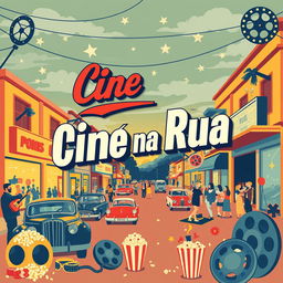 A vibrant and nostalgic cinema poster in retro style, featuring the title 'Cine na Rua' in bold, decorative typography