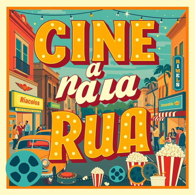 A vibrant and nostalgic cinema poster in retro style, featuring the title 'Cine na Rua' in bold, decorative typography