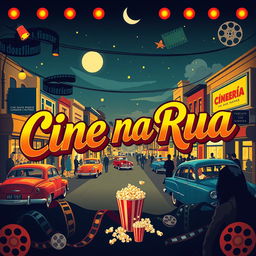 A vibrant and nostalgic cinema poster in retro style, featuring the title 'Cine na Rua' in bold, decorative typography