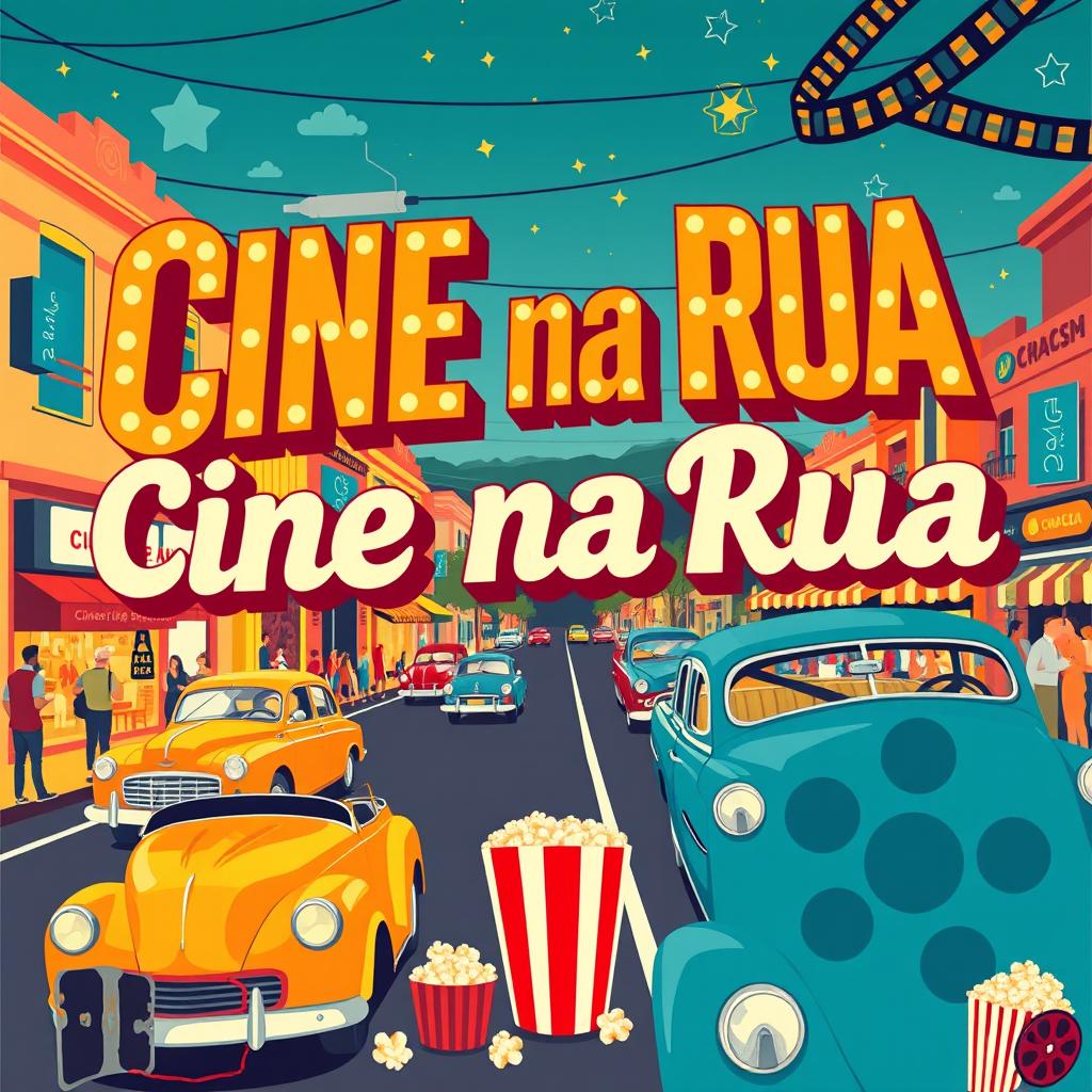 A vibrant and nostalgic cinema poster in retro style, featuring the title 'Cine na Rua' in bold, decorative typography