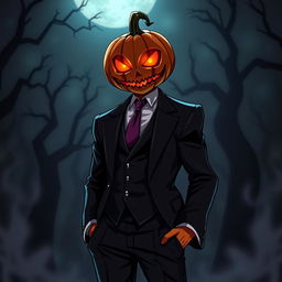 A striking anime villain with a jack-o-lantern head, designed as a spooky mob boss