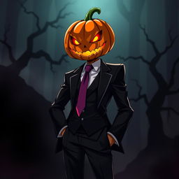 A striking anime villain with a jack-o-lantern head, designed as a spooky mob boss
