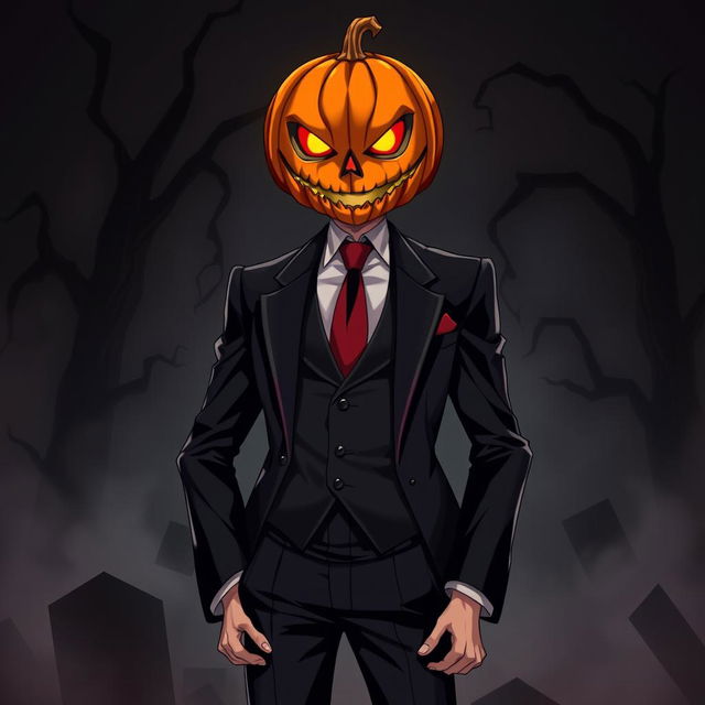 A striking anime villain with a jack-o-lantern head, designed as a spooky mob boss