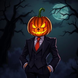A striking anime villain with a jack-o-lantern head, designed as a spooky mob boss
