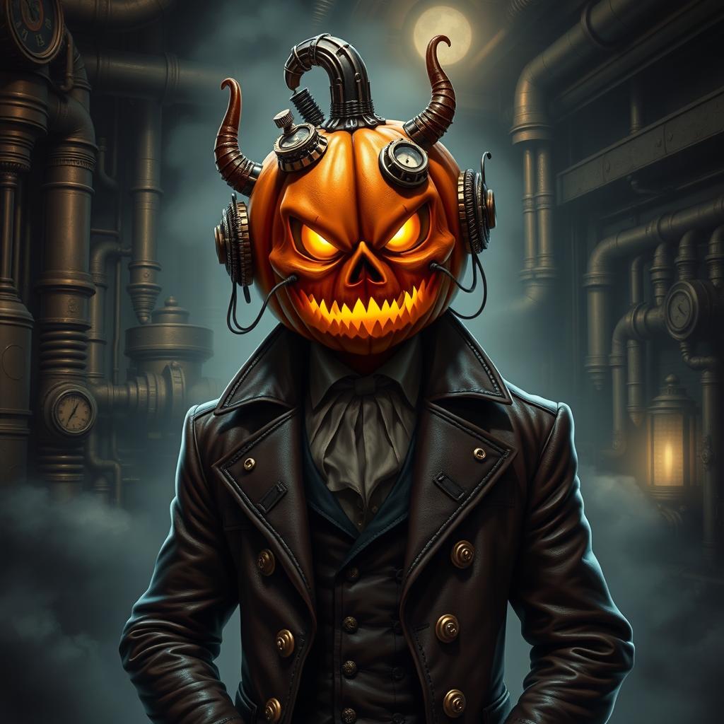 A sinister steampunk mob boss with a jack-o-lantern head, adorned with various mechanical gadgets and gears