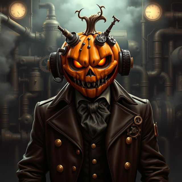 A sinister steampunk mob boss with a jack-o-lantern head, adorned with various mechanical gadgets and gears