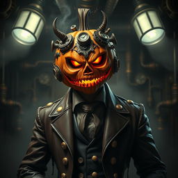 A sinister steampunk mob boss with a jack-o-lantern head, adorned with various mechanical gadgets and gears
