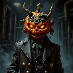 A sinister steampunk mob boss with a jack-o-lantern head, adorned with various mechanical gadgets and gears
