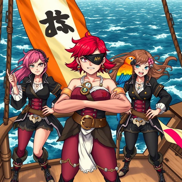 Three fierce and angry female pirates standing assertively on the deck of a ship at sea, fully dressed in elaborate pirate attire that showcases their tough personas