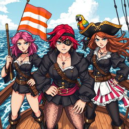 Three fierce and angry female pirates standing assertively on the deck of a ship at sea, fully dressed in elaborate pirate attire that showcases their tough personas