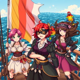 Three fierce and angry female pirates standing assertively on the deck of a ship at sea, fully dressed in elaborate pirate attire that showcases their tough personas