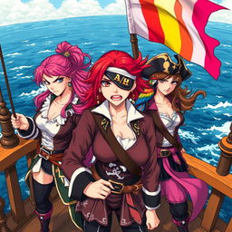 Three fierce and angry female pirates standing assertively on the deck of a ship at sea, fully dressed in elaborate pirate attire that showcases their tough personas