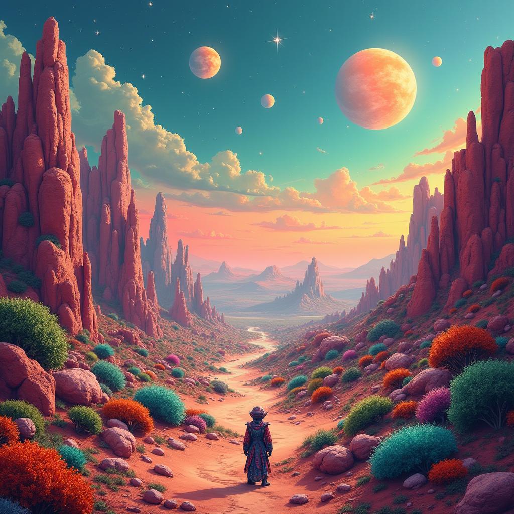 An alien planet featuring a vibrant, colorful landscape with unusual rock formations and exotic vegetation