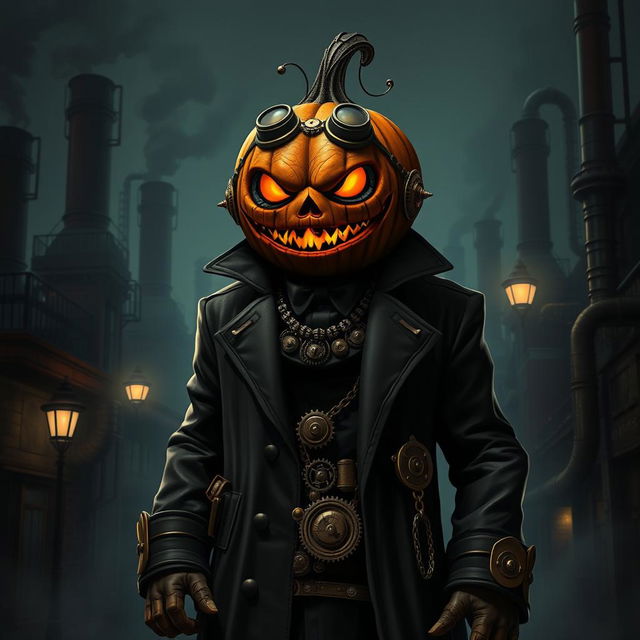 A menacing steampunk mob boss with a jack-o-lantern head, characterized by intricate brass gear details and mechanical contraptions