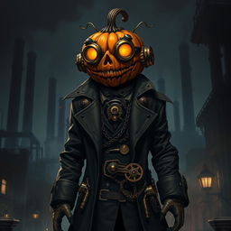 A menacing steampunk mob boss with a jack-o-lantern head, characterized by intricate brass gear details and mechanical contraptions