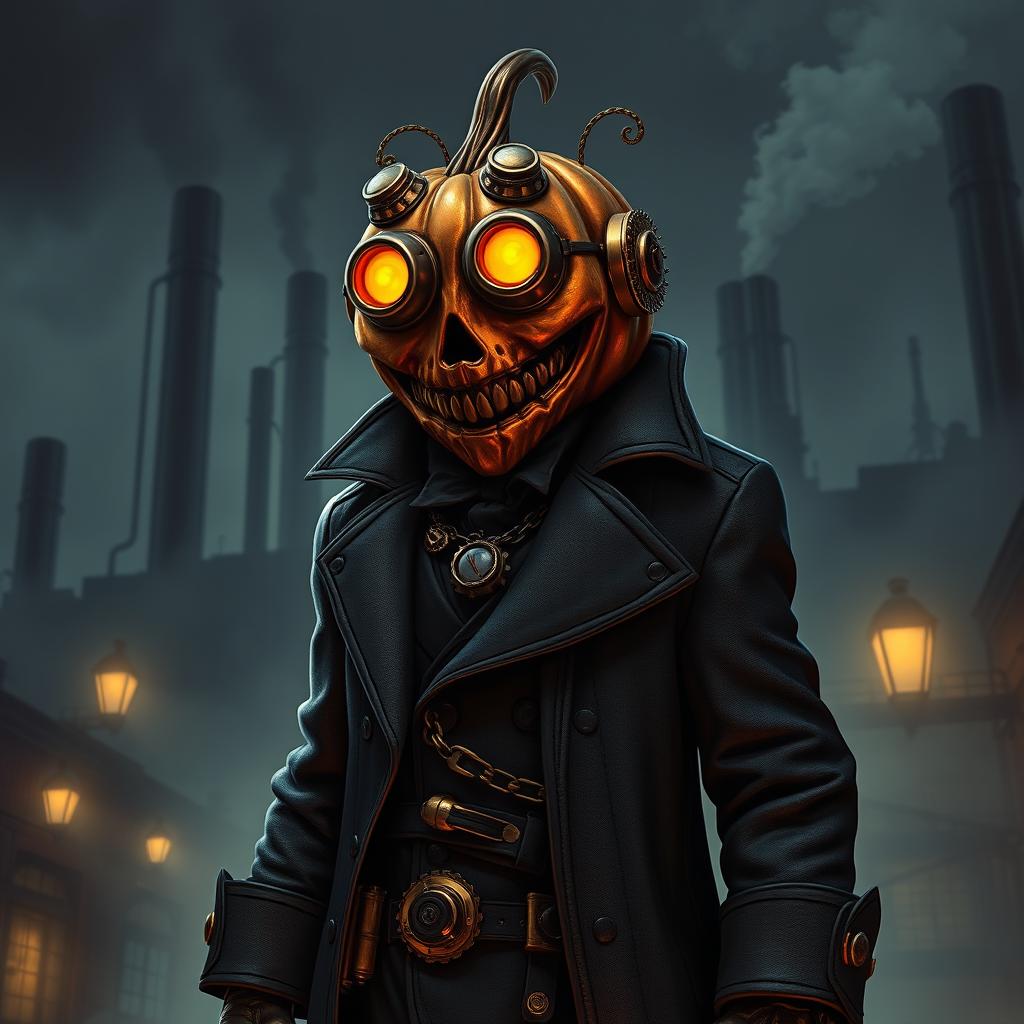 A menacing steampunk mob boss with a jack-o-lantern head, characterized by intricate brass gear details and mechanical contraptions