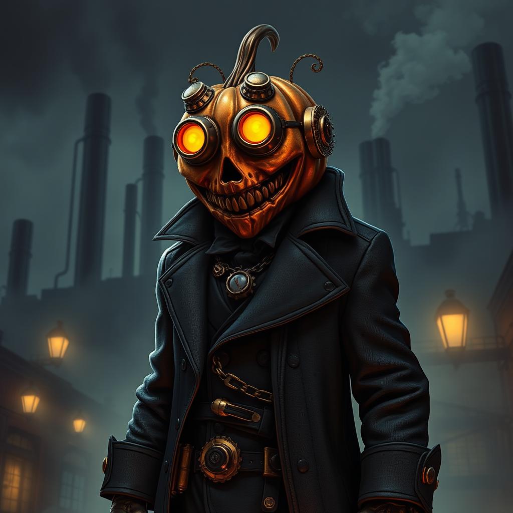 A menacing steampunk mob boss with a jack-o-lantern head, characterized by intricate brass gear details and mechanical contraptions