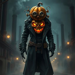 A menacing steampunk mob boss with a jack-o-lantern head, characterized by intricate brass gear details and mechanical contraptions