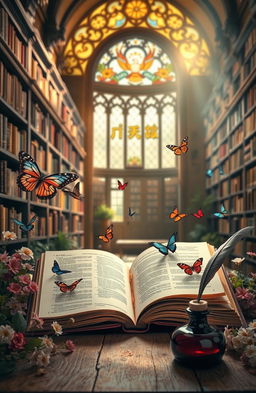 A visually captivating scene representing the fusion of language and literature, featuring an open ancient book with flowing pages, surrounded by colorful butterflies and blooming flowers