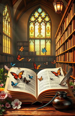 A visually captivating scene representing the fusion of language and literature, featuring an open ancient book with flowing pages, surrounded by colorful butterflies and blooming flowers