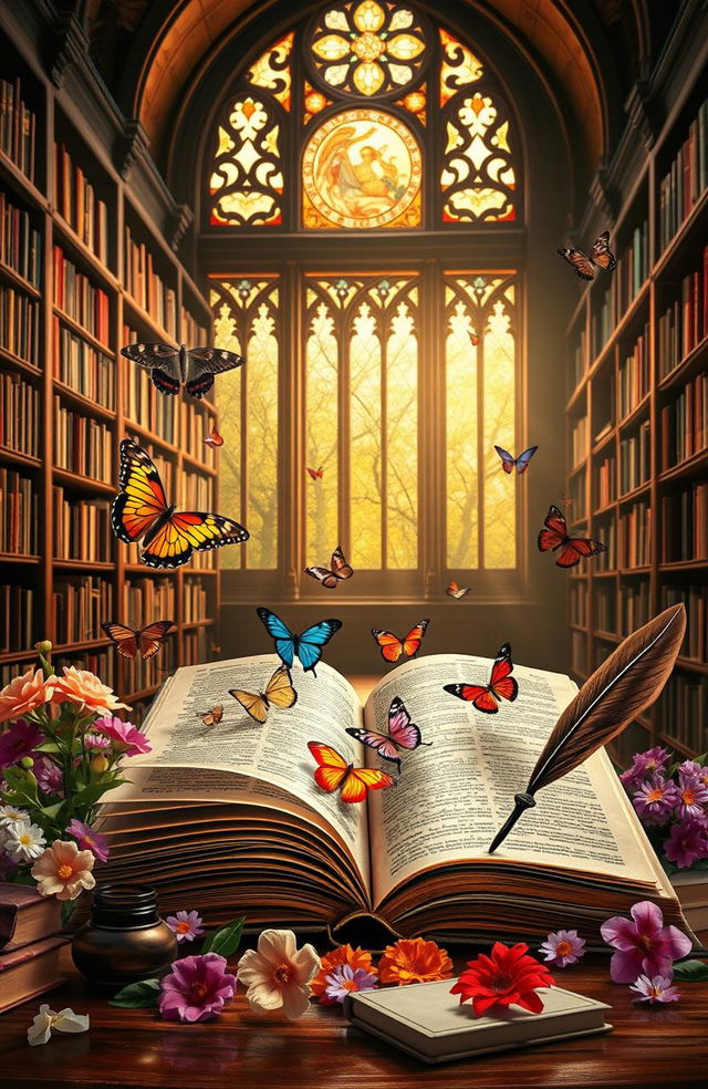 A visually captivating scene representing the fusion of language and literature, featuring an open ancient book with flowing pages, surrounded by colorful butterflies and blooming flowers