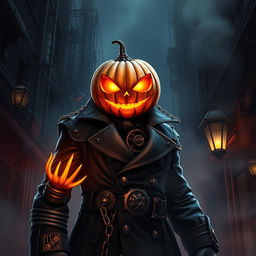 Digital art of a formidable supervillain, a spooky steampunk mob boss with a jack-o-lantern head