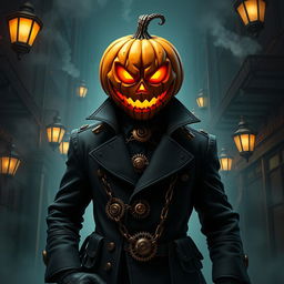 Digital art of a formidable supervillain, a spooky steampunk mob boss with a jack-o-lantern head