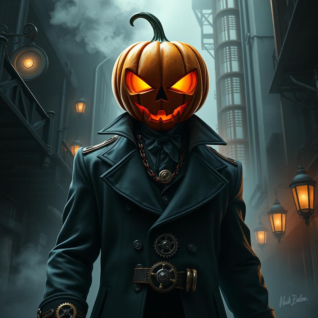 Digital art of a formidable supervillain, a spooky steampunk mob boss with a jack-o-lantern head