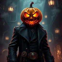 Digital art of a formidable supervillain, a spooky steampunk mob boss with a jack-o-lantern head