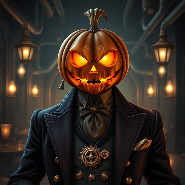 Digital art of a suave steampunk mob boss featuring a jack-o-lantern head