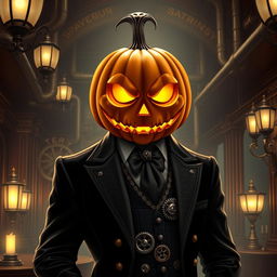 Digital art of a suave steampunk mob boss featuring a jack-o-lantern head