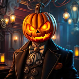 Digital art of a suave steampunk mob boss featuring a jack-o-lantern head