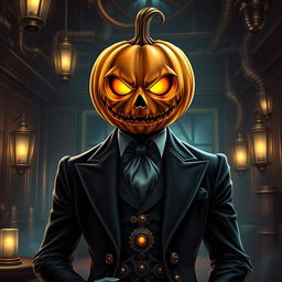 Digital art of a suave steampunk mob boss featuring a jack-o-lantern head