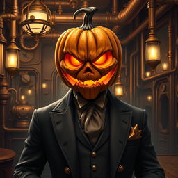 Digital art of a suave supervillain steampunk mob boss with a jack-o-lantern head