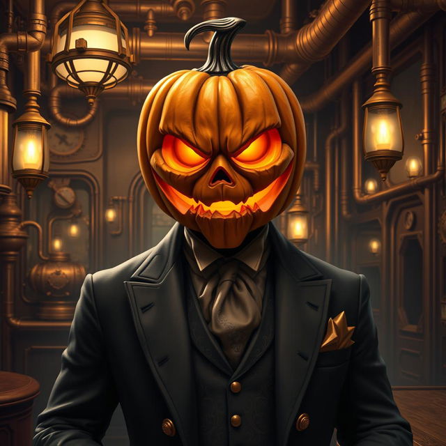 Digital art of a suave supervillain steampunk mob boss with a jack-o-lantern head