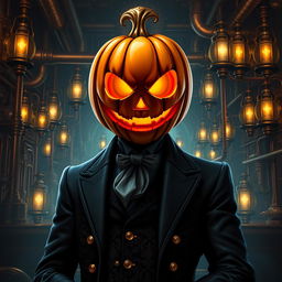Digital art of a suave supervillain steampunk mob boss with a jack-o-lantern head