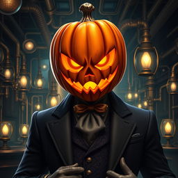 Digital art of a suave supervillain steampunk mob boss with a jack-o-lantern head