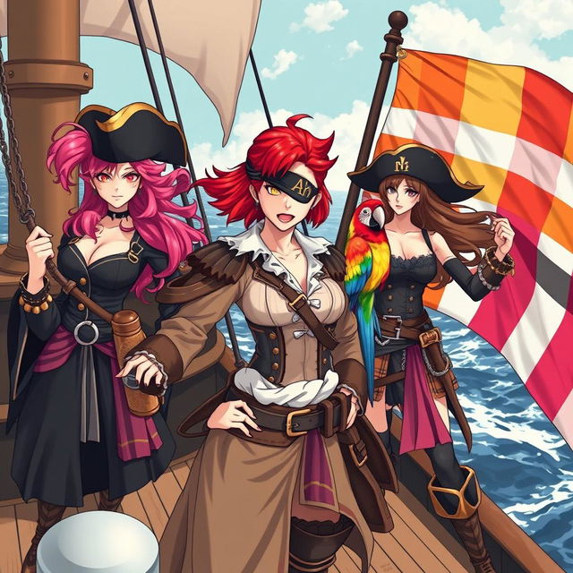 Three fierce and angry female pirates standing boldly on the deck of a ship at sea, fully clad in intricate pirate attire that captures their strong personas