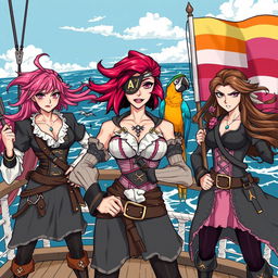 Three fierce and angry female pirates standing boldly on the deck of a ship at sea, fully clad in intricate pirate attire that captures their strong personas