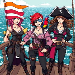 Three fierce and angry female pirates standing boldly on the deck of a ship at sea, fully clad in intricate pirate attire that captures their strong personas