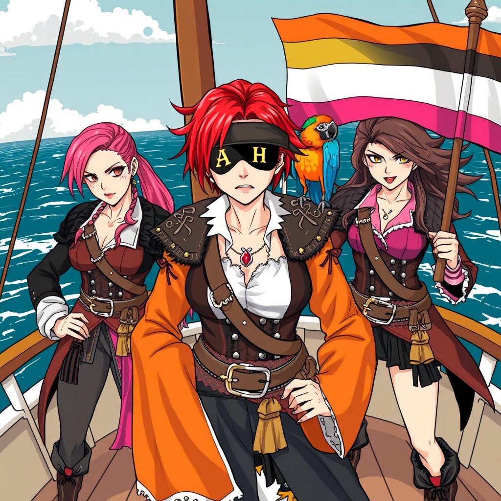 Three fierce and angry female pirates standing boldly on the deck of a ship at sea, fully clad in intricate pirate attire that captures their strong personas