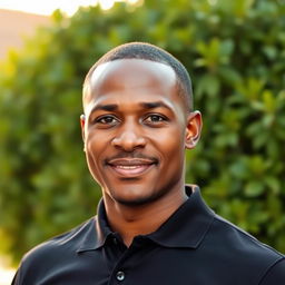 A 35-year-old dark-skinned man wearing a black polo shirt, standing confidently with a slight smile