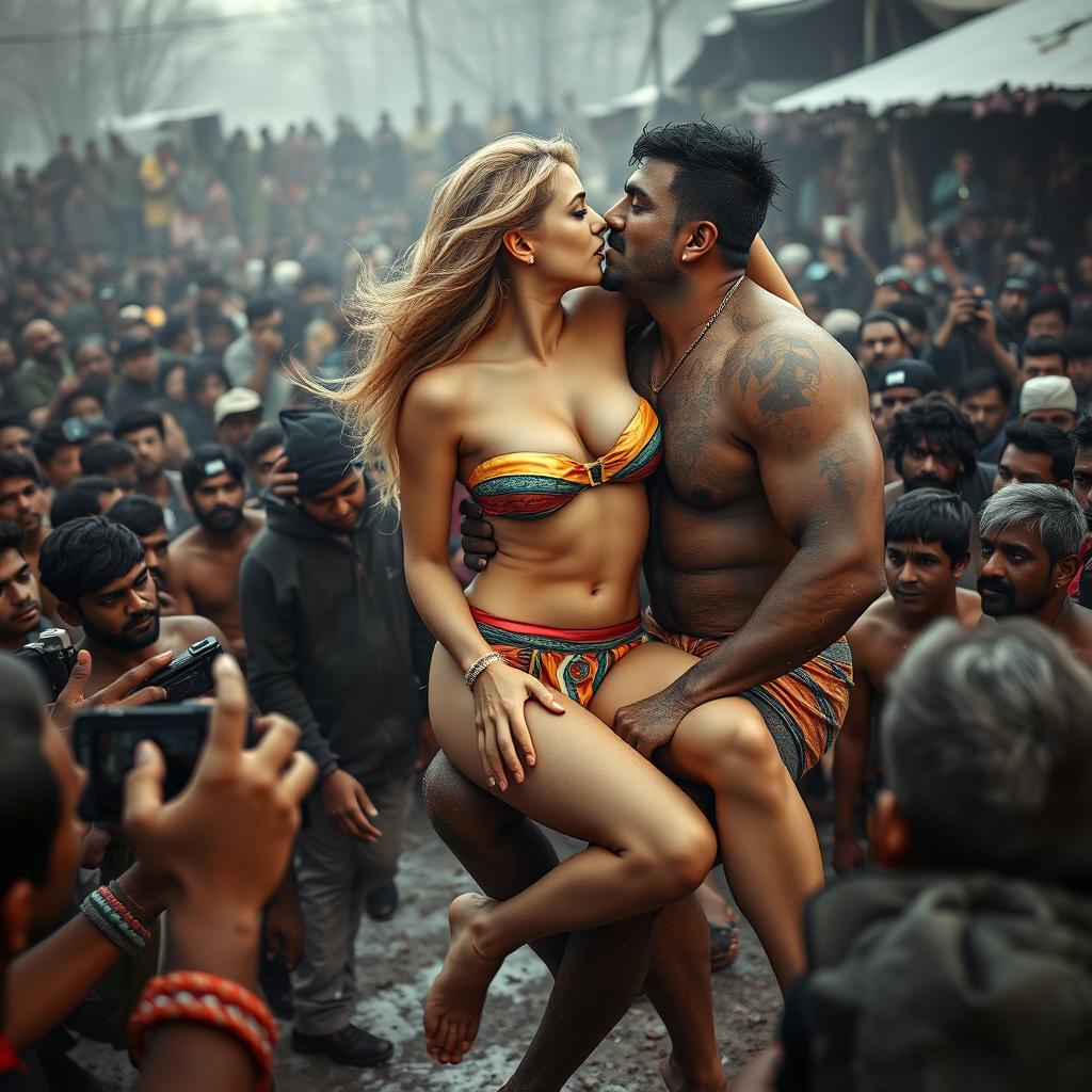 A sad and terrified beautiful blonde woman in a strapless, colorful bikini that highlights her big cleavage and sexy legs, sitting on the lap of a rugged Indian wrestler as they kiss