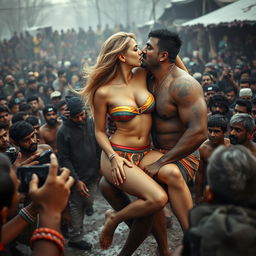 A sad and terrified beautiful blonde woman in a strapless, colorful bikini that highlights her big cleavage and sexy legs, sitting on the lap of a rugged Indian wrestler as they kiss