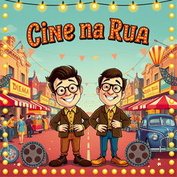 A charming and nostalgic cinema poster in retro style featuring 'Cine na Rua' prominently at the top in decorative vintage typography