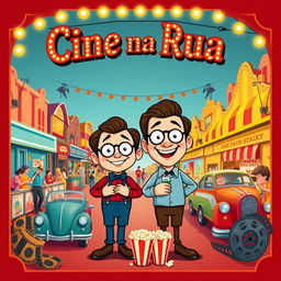 A charming and nostalgic cinema poster in retro style featuring 'Cine na Rua' prominently at the top in decorative vintage typography