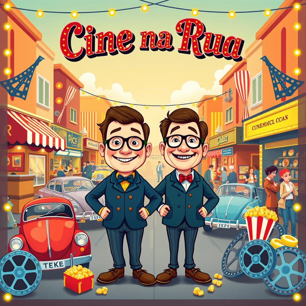 A charming and nostalgic cinema poster in retro style featuring 'Cine na Rua' prominently at the top in decorative vintage typography