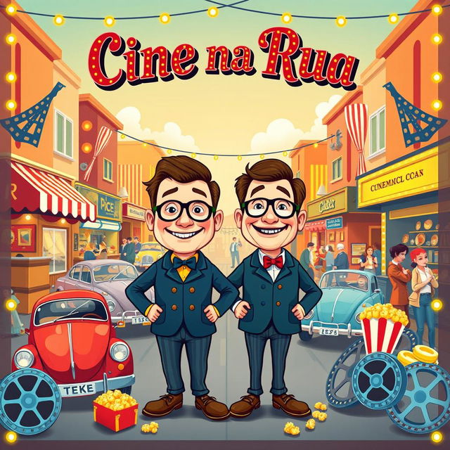 A charming and nostalgic cinema poster in retro style featuring 'Cine na Rua' prominently at the top in decorative vintage typography